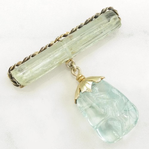 Chinese Export Gold Hue Carved Aquamarine Sterling Silver Brooch