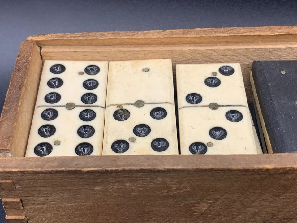 Antique Prisoners of War POW Hand Carved Dominoes Brass Pin Full Set 28 Pieces - Image 4 of 4