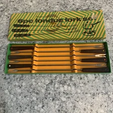 Vtg Fondue Fork Set Stainless Steel Fred Roberts Co. Multi Color Dot MCM Set 2