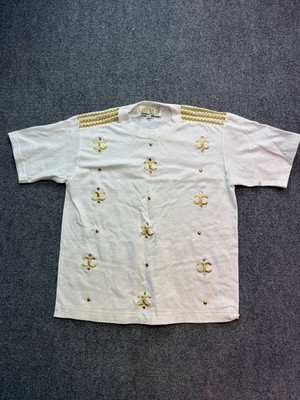 Vintage Studz Connection White Embellished T Shirt Women Size S Gold