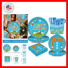 168pcs Blue Birthday Party Supplies Orange Plates Napkins Paper Cups Blue For...