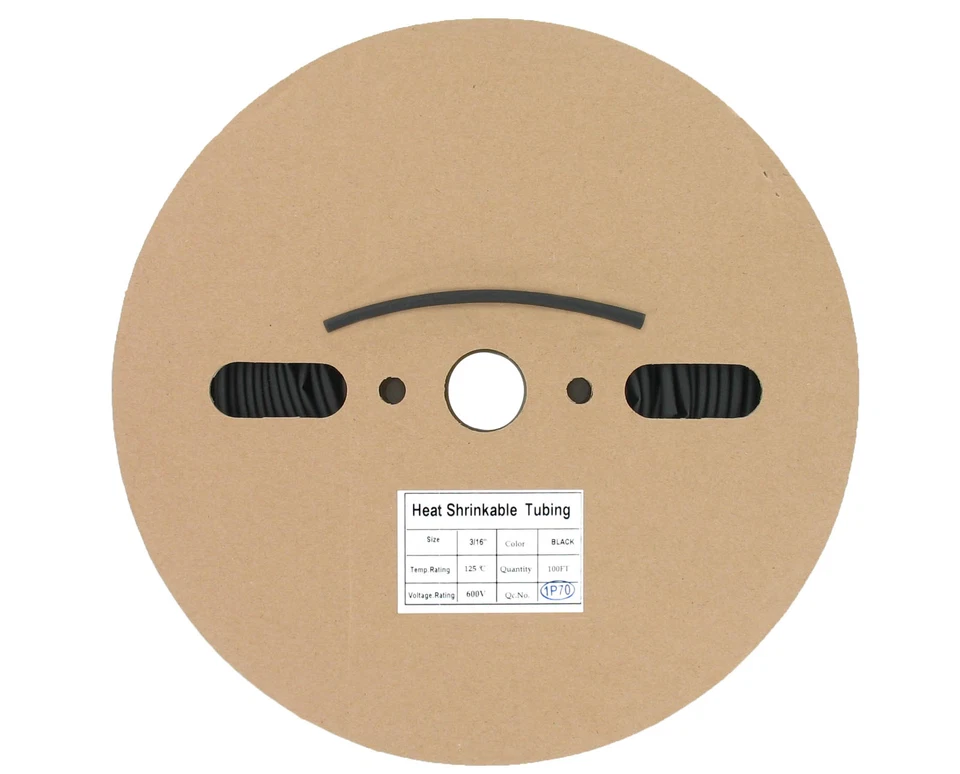 CYG 100 Ft 3/16" ID Black Polyolefin 2:1 Heat Shrink Tubing RoHS UL Halogen