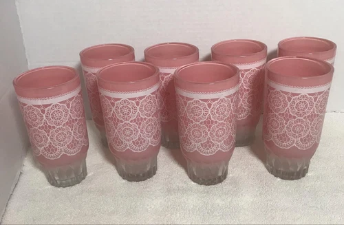 Vtg Federal Glassware Set Of 8 Frosted Pink And White Lace Glass Tumblers 5.5 “