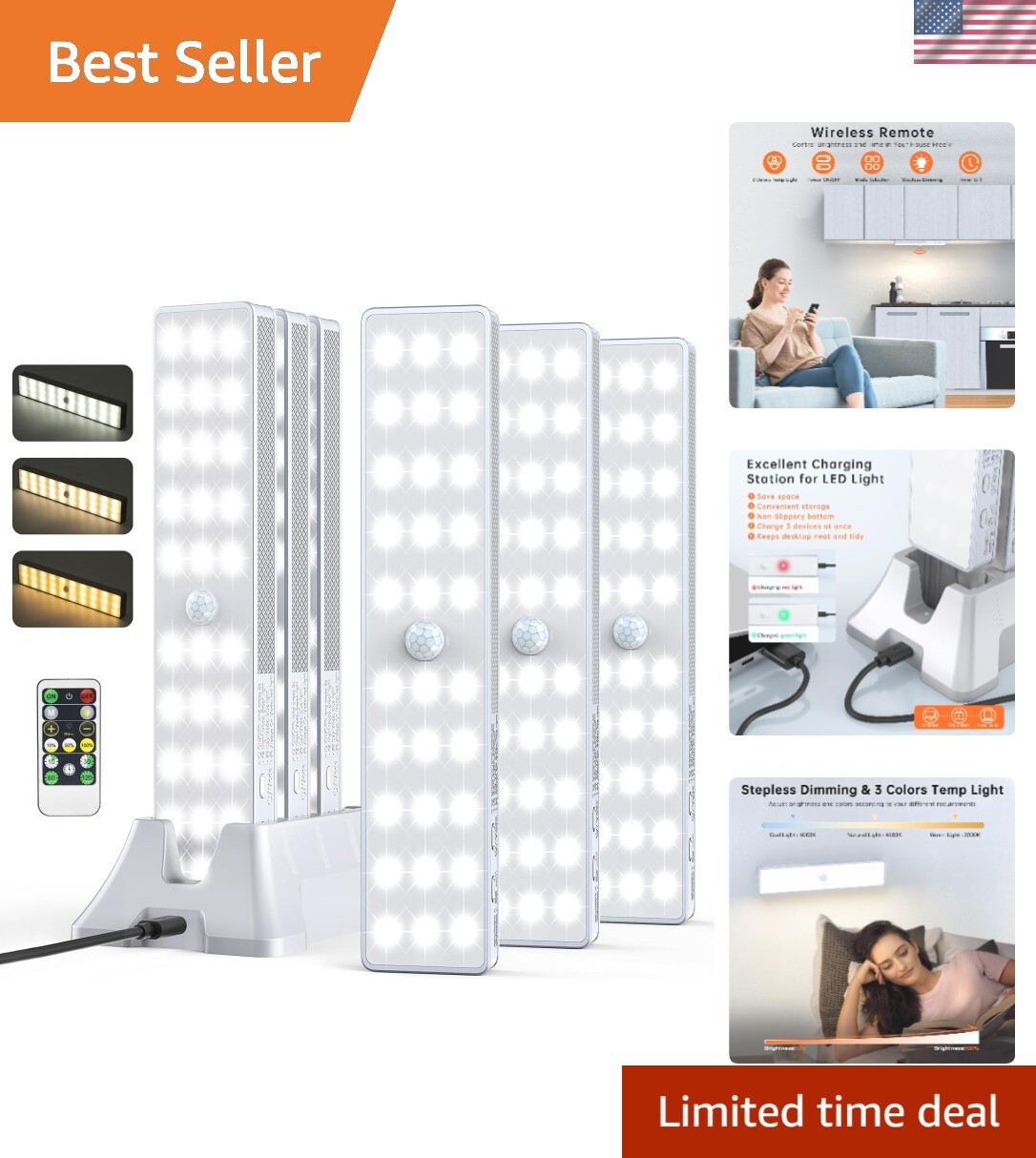 LED Closet Light with Charging Station, 3 Color Temperatures 30LEDs Dimmer Re...