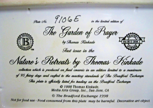 Bradford Exchange Thomas Kinkade The Garden of Prayer Rectangular Plate 1998 - Picture 3 of 3