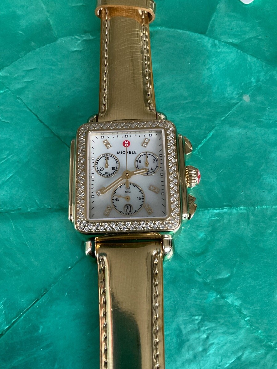 Michele Deco White MOP Dial Diamond Chrono 18k Gold Pl Watch