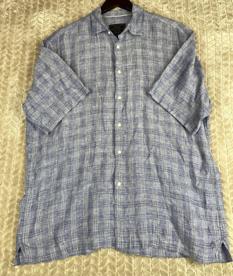 Jos A Bank Reserve Men's Plaid 100% Linen Shirt Blue White Button Up XL EUC