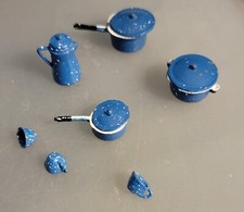 Vtg Lot of 7 Blue Speckled Pots Pans Enamelware Metal Camp Kitchen Set Dollhouse