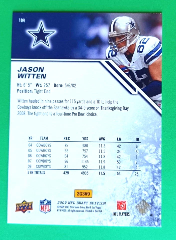 2009 UD DRAFT EDITION JASON WITTEN #184 PARALLEL #05/50 DALLAS COWBOYS - Image 3 of 3
