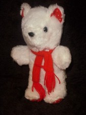 Vintage white small BEAR Stuffed Plush red Scarf