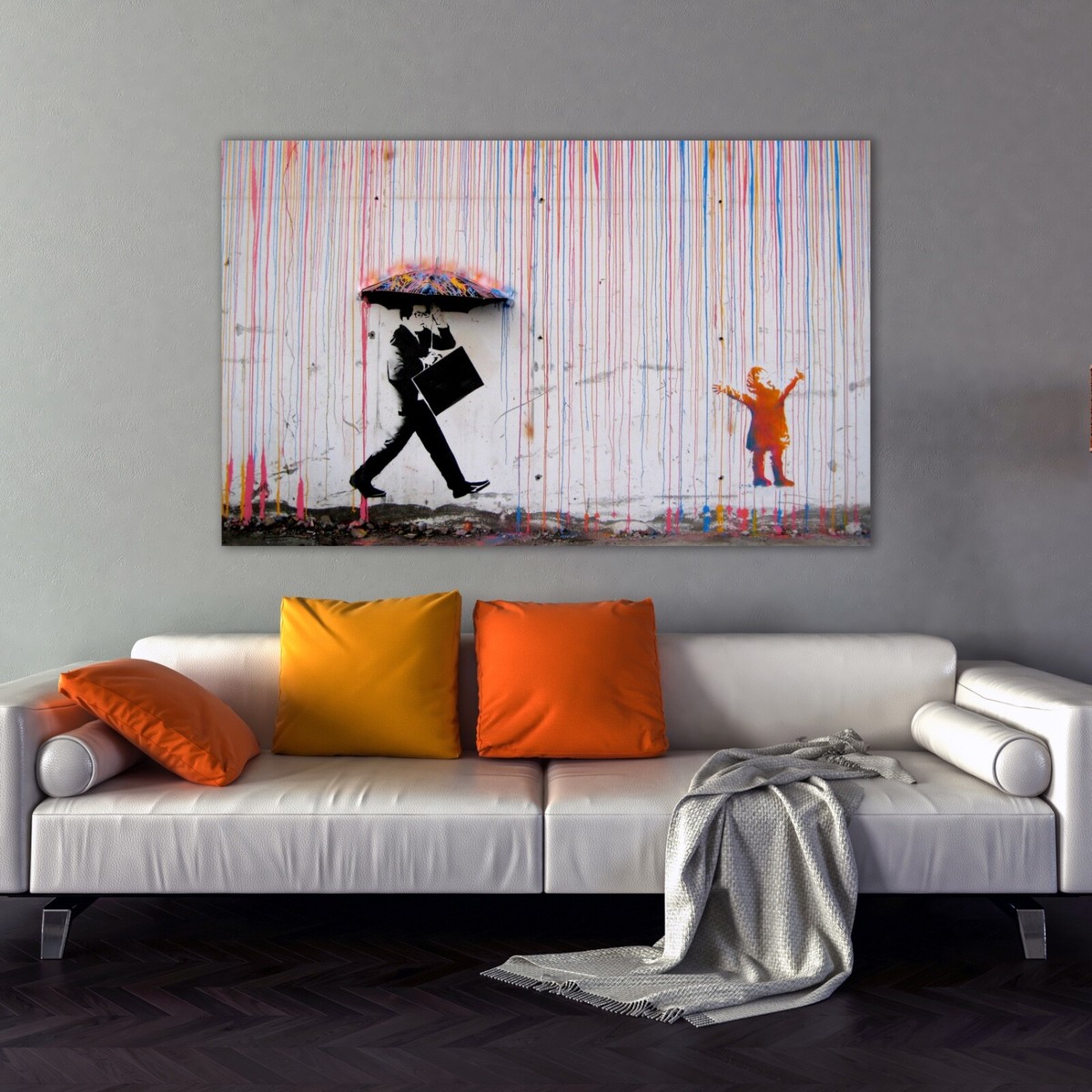 BANKSY Style Colored Rain Canvas Wall Art, Banksy Art Poster Print