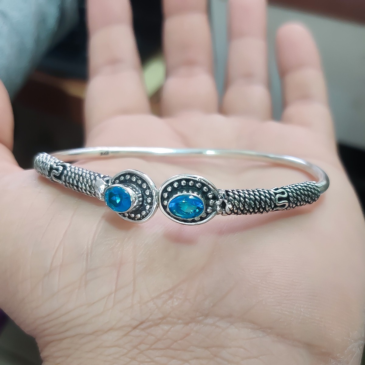 KALIFANO | Authentic Blue Topaz Navajo Native Made 925  Blue Topaz 925 Sterling Silver Cuff Bracelet main image 2