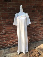 Vintage 70s Cotton Blend Mexican Embroidered Maxi Dress Caftan Kaftan Approx S