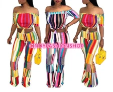 Sexy Two Piece Set Women Striped Print Off Shoulder Crop Top+Wide Leg Pants Suit