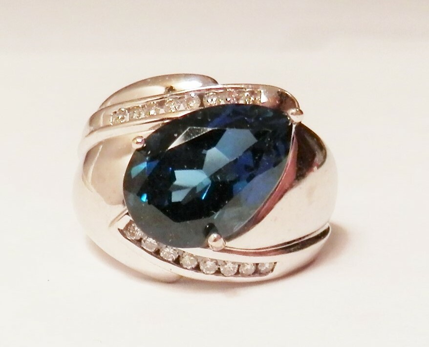 John C Rinker JCR 14x10 Teardrop Blue Stone 14K White Gold Wide Ring Size 8.75