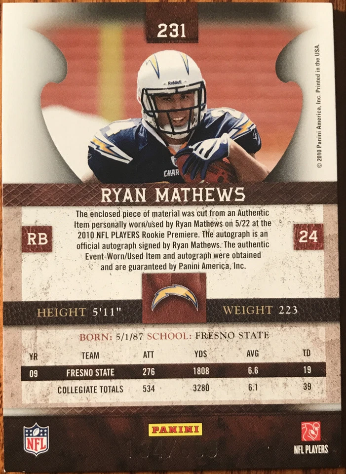 2010 Plates & Patches Rookie Jersey Autograph Ryan Mathews #231 #’d 134/699 - Image 2 of 3