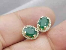 3.00Ct Oval Cut Natural Green Emerald Halo Stud Earrings 14K Yellow Gold Plated