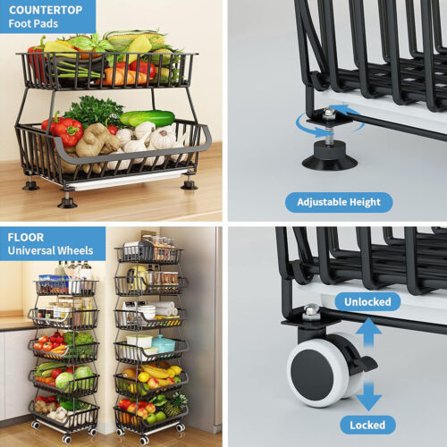 STORAGE STACKING WIRE BASKET STACKABLE SHELVES VEGETABLE FOOD KITCHEN RACK WHEEL - Picture 16 of 43