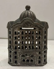 Vintage/Antique Cast Iron Still Bank AC Williams Penny Domed Bank Building 4.5”