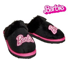 GIRLS BARBIE BLACK SLIPPERS OFFICIAL BARBIE FUR LINED MULES SLIPPERS UK SIZE 8-2
