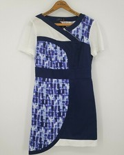 New Lattori Dress Womens Medium Blue White Mesh Short Sleeve Asymmetrical