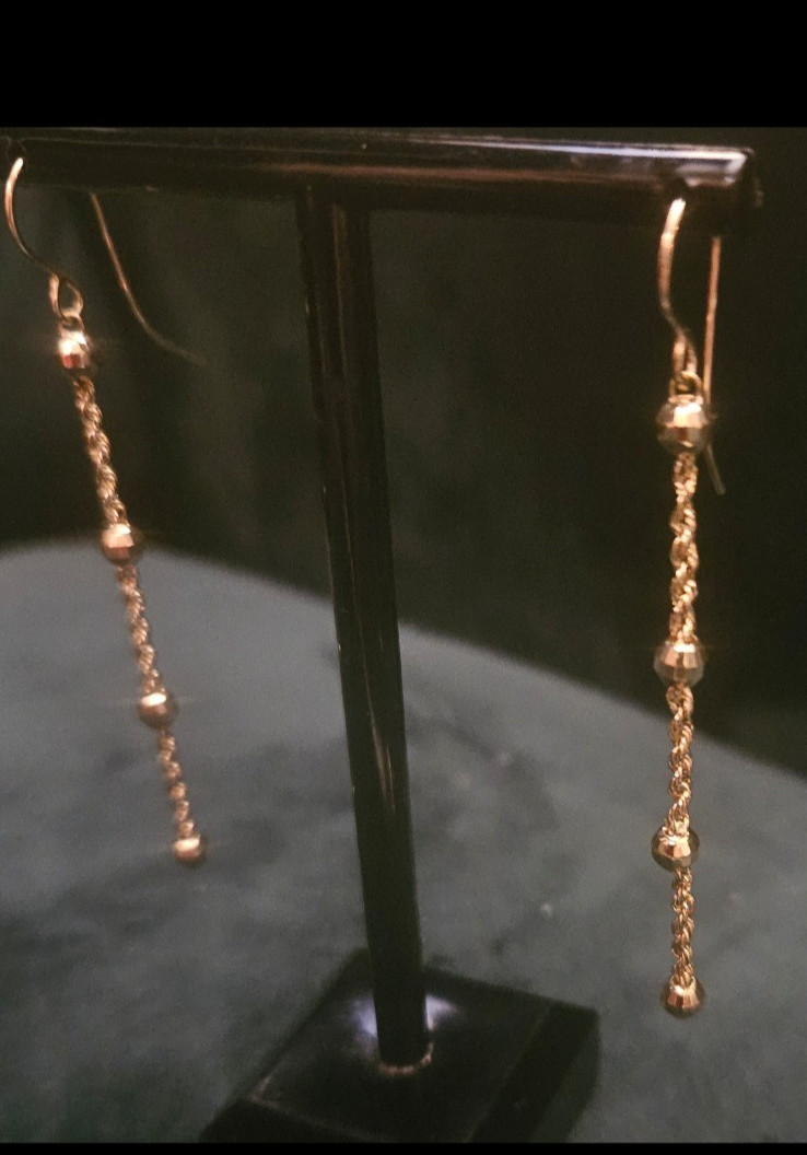 14K Solid Gold 2.75 inch Long Dangle Earrings wit… - image 1