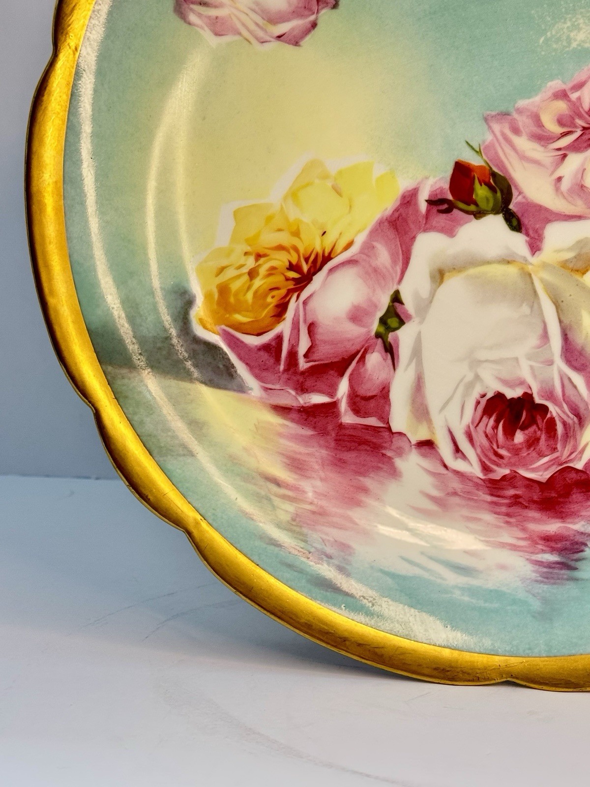 Superb Coronet Limoges France Duval Hand Painted Reflecting Water & Roses Gilt