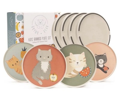 Brynn + Bear Kids Bamboo Dinner Plates 4-Pack Cats 9.5'' Non-Slip Set