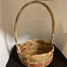 Vintage 1950s/60's Bamboo Wicker Pink Green Splint Easter Mini Basket Mexico MCM