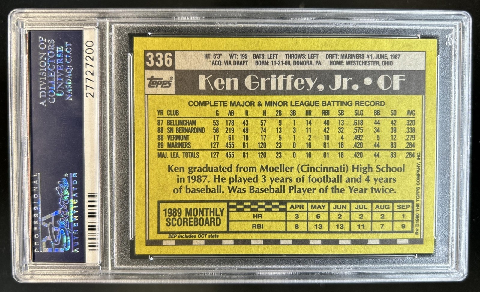 1990 Topps Ken Griffey, Jr. #336 Mariners PSA 10 GEM MINT view 2