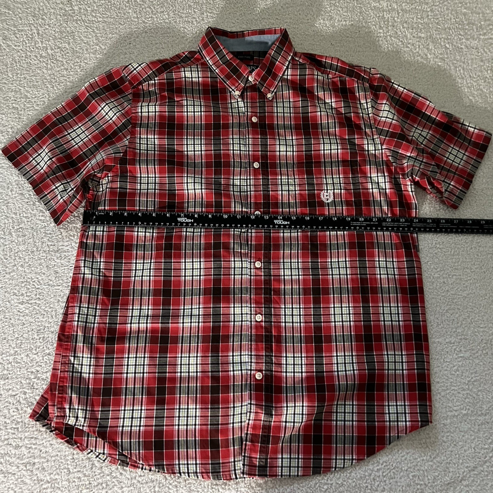 Chaps Easy Care Men's XL Button Up  Short Sleeve red/brown/white plaid