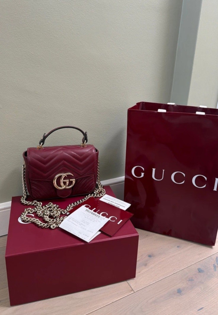 Gucci GG Marmont Small Burgundy Quilted Leather Crossbody Bag Box & Dust Bag
