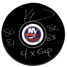 Ken Morrow Signed Islanders Puck w/ 80 81 82 83 4x Cup Beckett Witness BAS COA