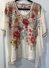 NWOT Johnny Was Heavily Embroidered Lucienne Top White Peacock Birds XL New