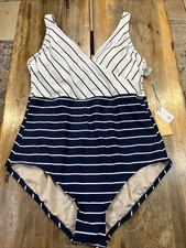 Kona Sol Women's Striped V-Neck Full Coverage One Piece Swimsuit Navy Blue XL 16