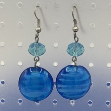 Blue Glass Acrylic Bead Dangle Earrings Aqua Round Drop Silver Tone 2  