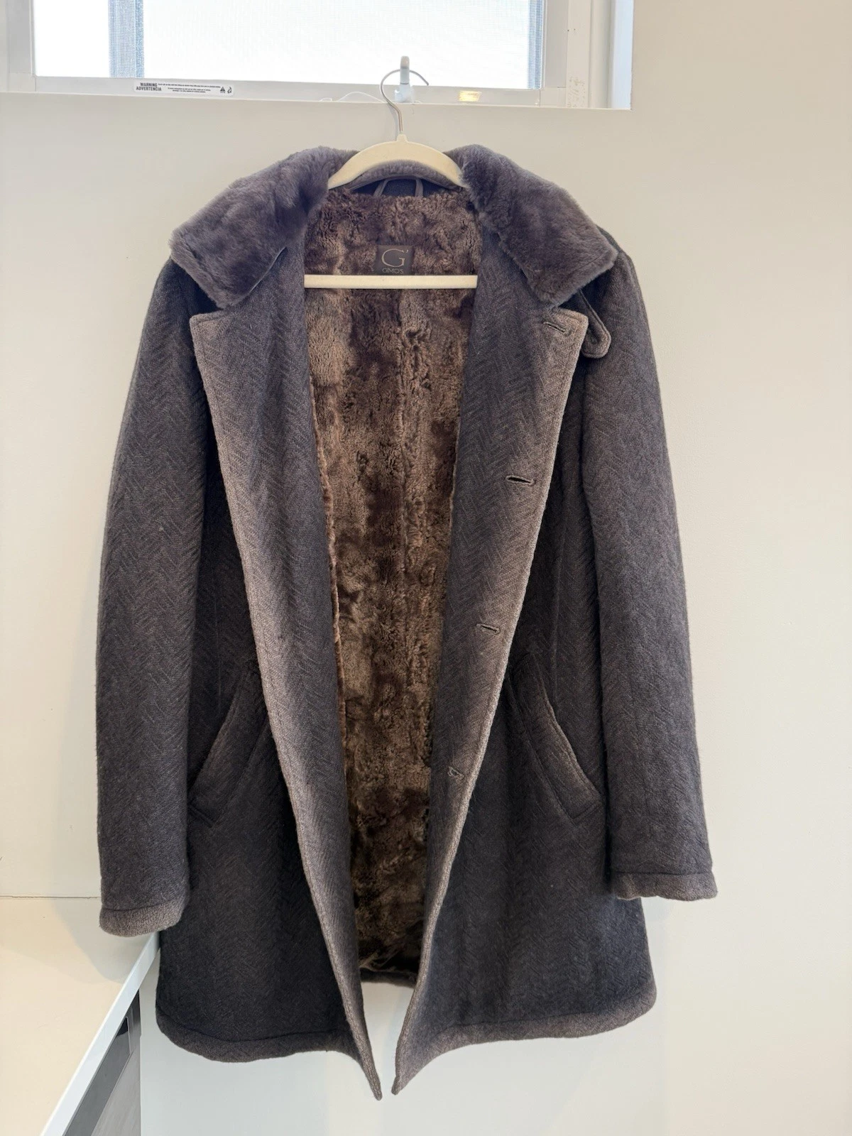 GIMO'S Men’s Brown Herringbone Wool Overcoat Faux Fur Lined Mid-Length M image 3