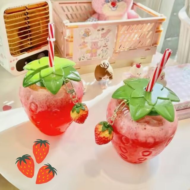 Cute Kawaii Strawberry water bottle with Straw & Charm 16oz Drink Party items