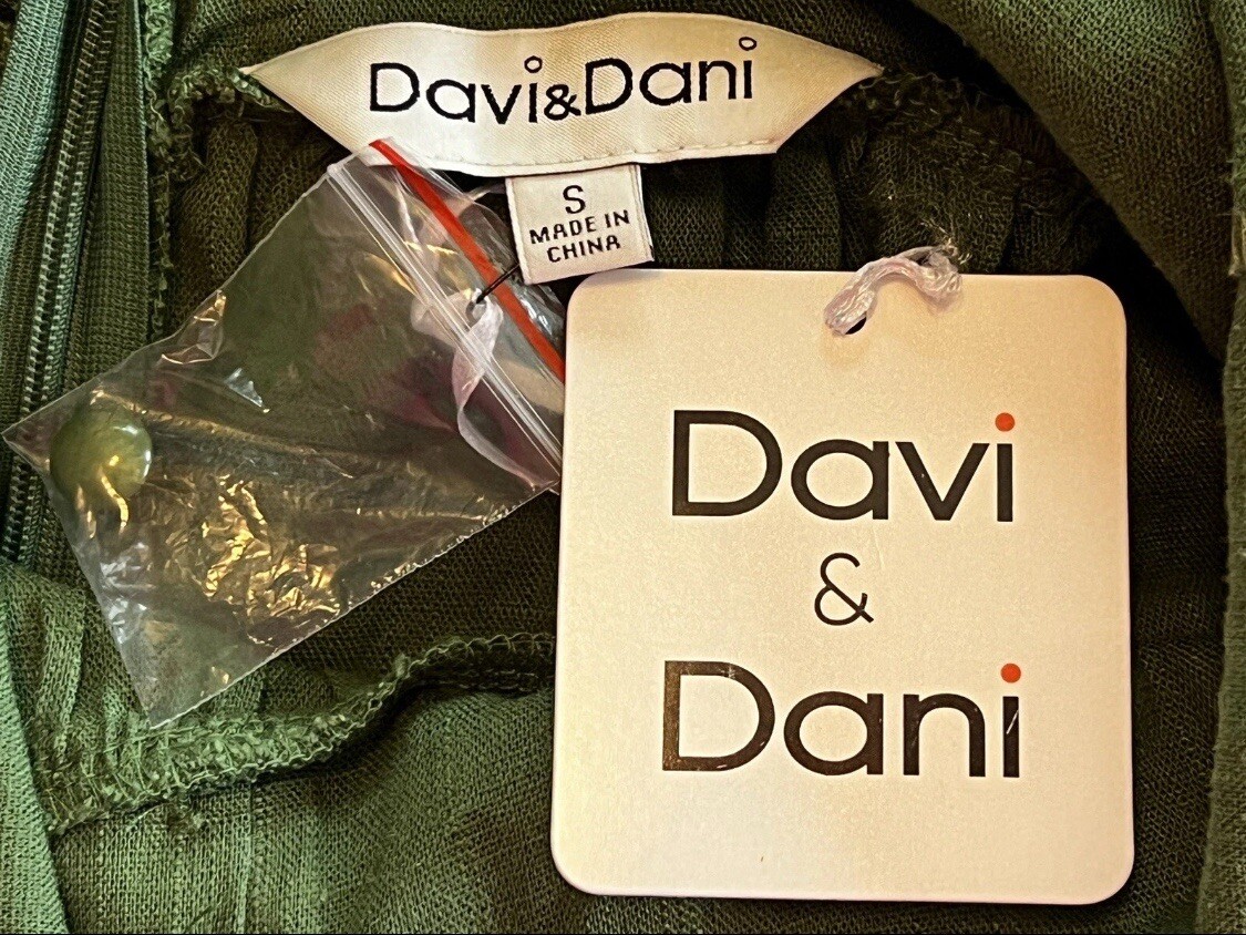 NWT Davi & Dani Linen Blend Olive Green Dress Open Back & Pockets Size S
