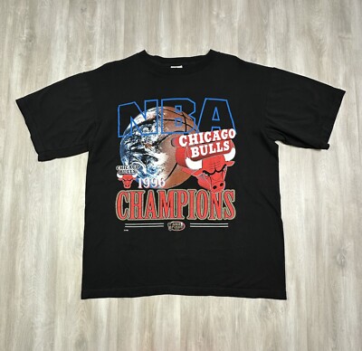 Vintage 1996 Chicago Bulls NBA Champions XL Earth Globe Basketball T-Shirt Black