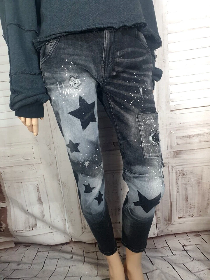 💋Sexy Woman coole Jeans Baggy Boyfriend grau mit Sternen Flicken Risse Gr.S - Bild 2 von 4