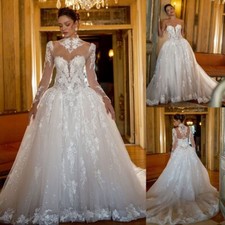 Boho Lace Long Sleeves Wedding Dresses High Neck Glitters A Line Bridal Gowns