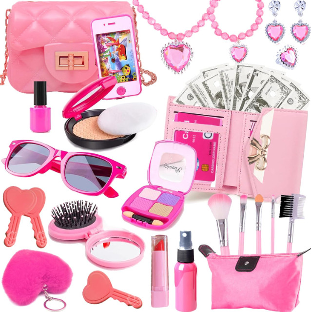 Play Purse for Little Girls, 32PCS Toddler Purse with Pretend Makeup for Kids,