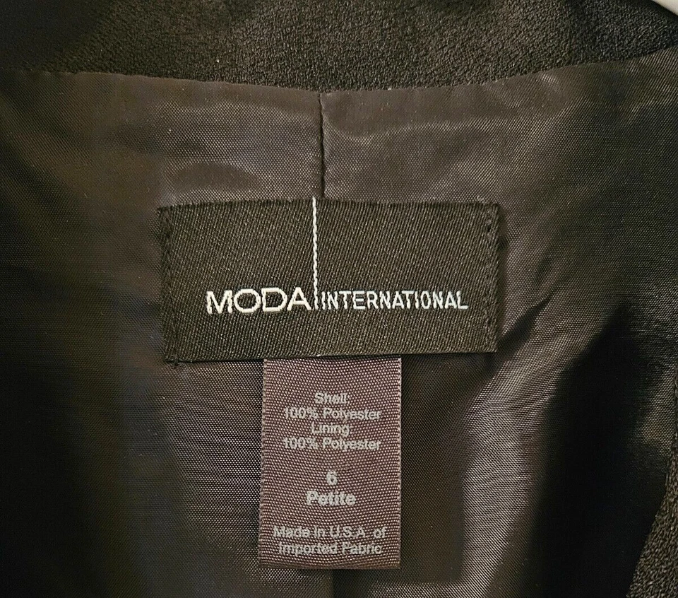 Chaqueta Blazer MODA International Mujer Talla 6 Pequeña Negra 100% Poliéster Usada en Excelente Condición Foto 2 de 4