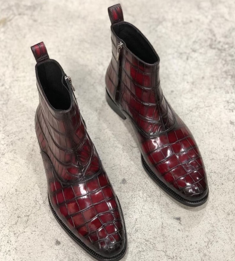 Handmade Men Burgundy alligators boot Men crocodile dress boots