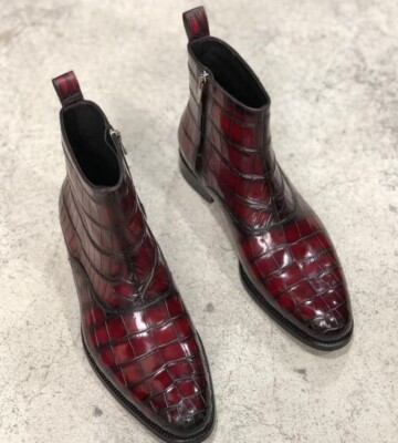 Handmade Men Burgundy alligators boot Men crocodile dress boots, Men zipper boot