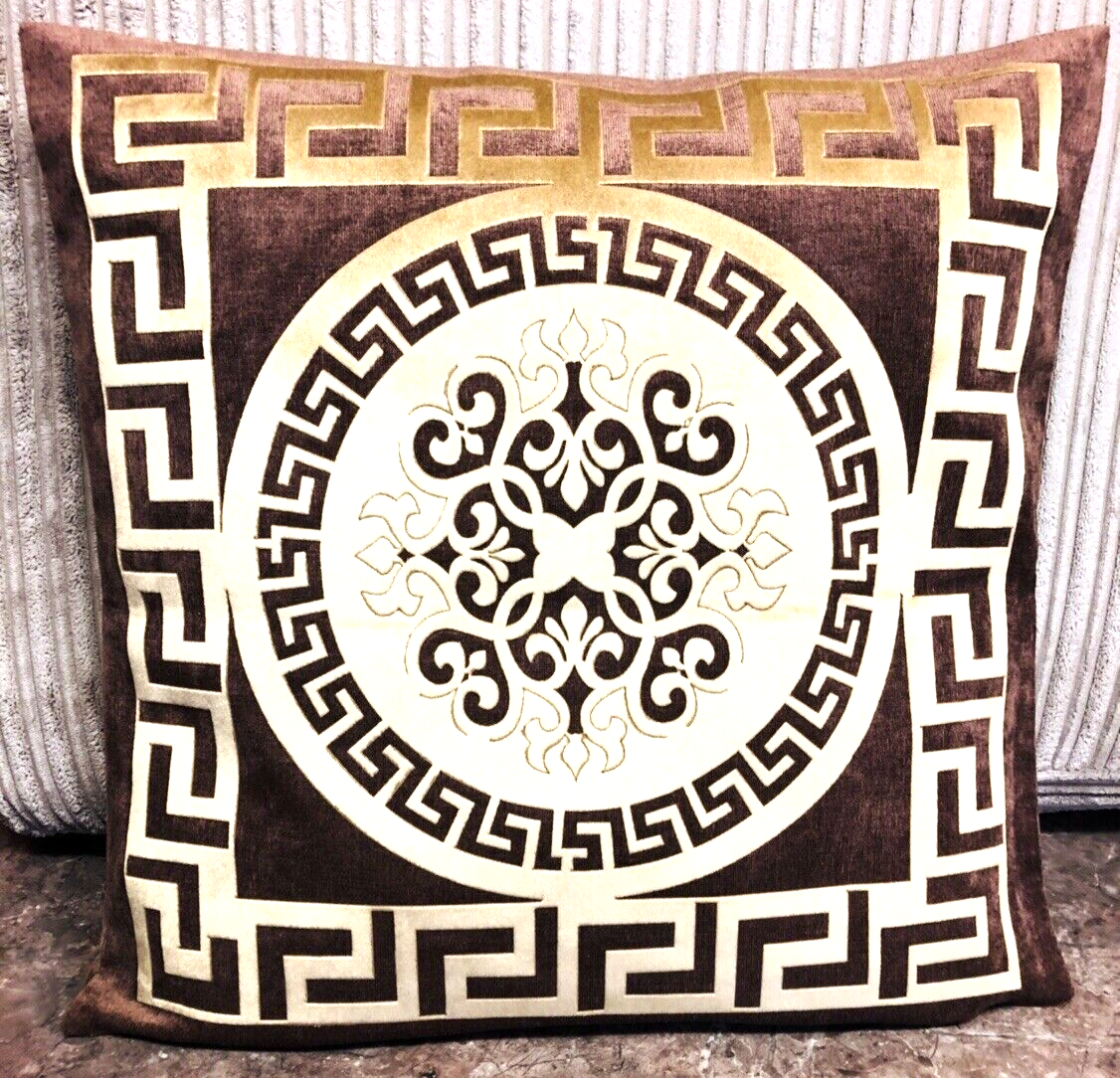 Greek Key/Border Circle Baroque Brown Gold key Decorative Pillow