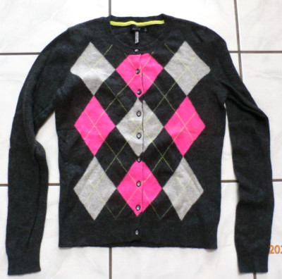 Apt 9 100% cashmere sweater womens M Gray pink argyle cardigan button up G612
