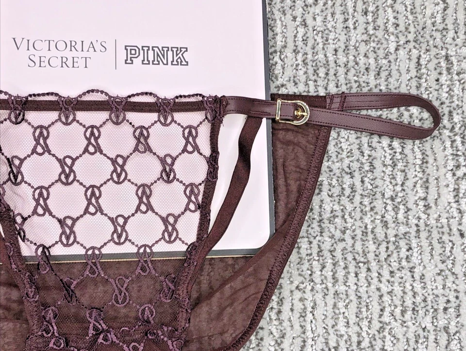 Victoria's Secret 全新带标签大号勃艮第弦比基尼内裤人造皮革标志网眼 — 第 3/4 张图片