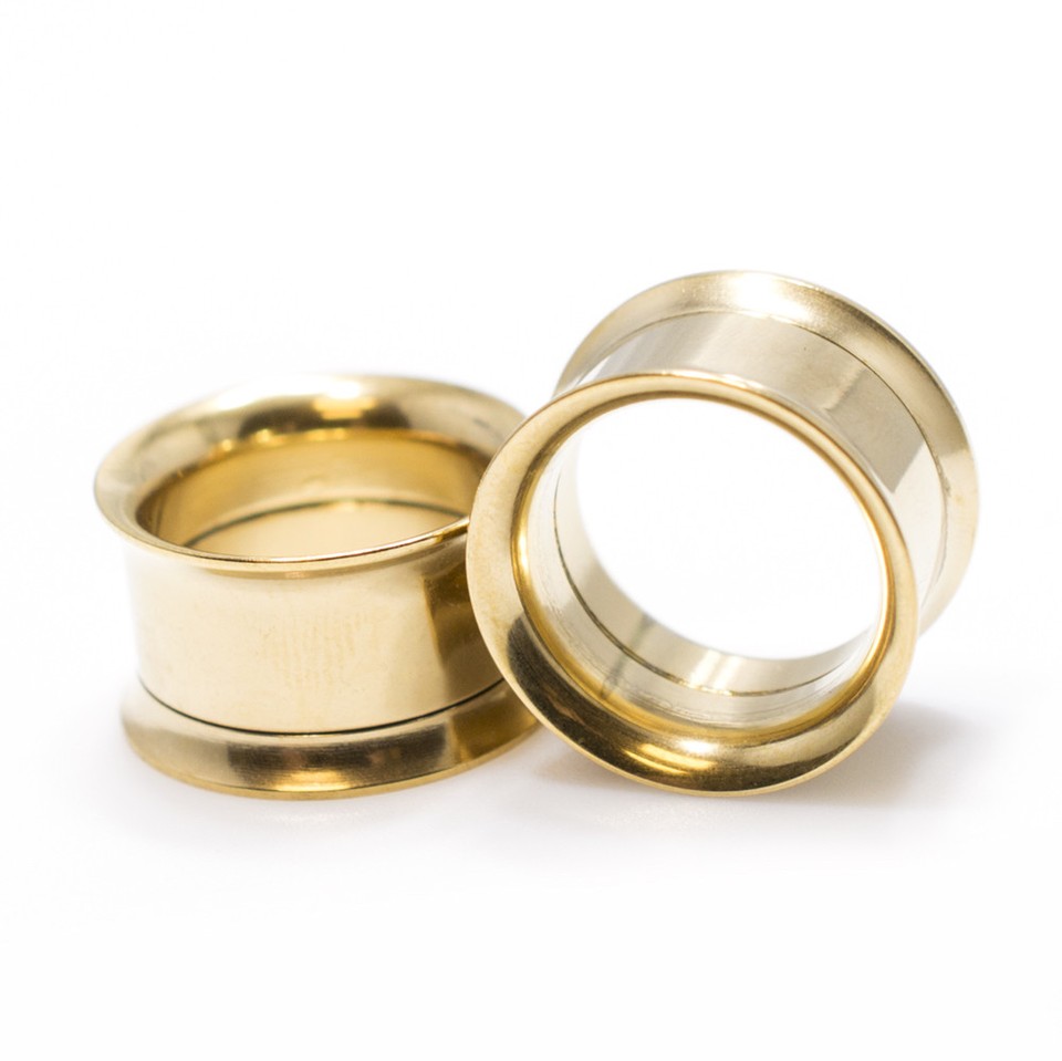 Pair of Gold IP Surgical Steel Double Flared Tunnel Plugs Ear Piercing Gauges